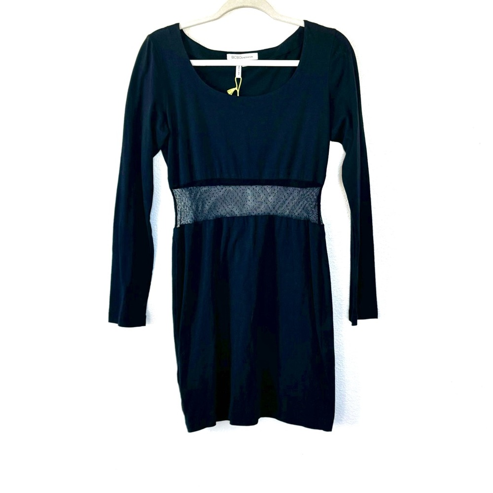 BCBGeneration Black Mini Cut Out Sheer Mesh Dress Long Sleeve LBD M NEW $78